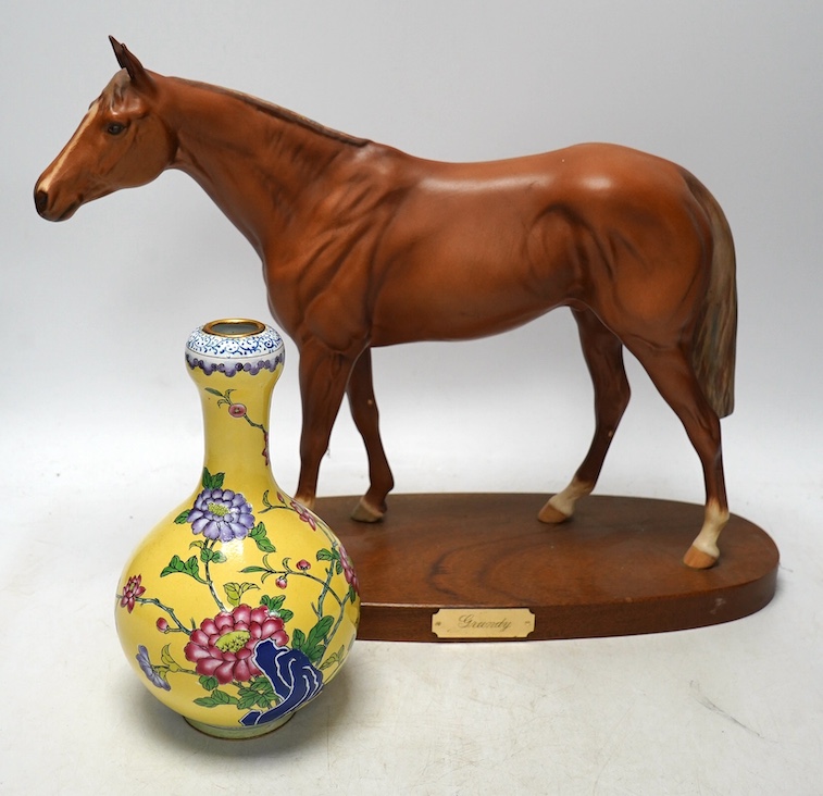 A Royal Doulton horse, ‘Grundy’, and a Chinese enamel on copper vase. Condition - poor to fair